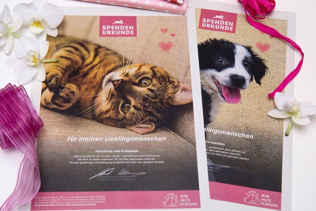 PETA helps Romania Spendenurkunde zum Valentinstag