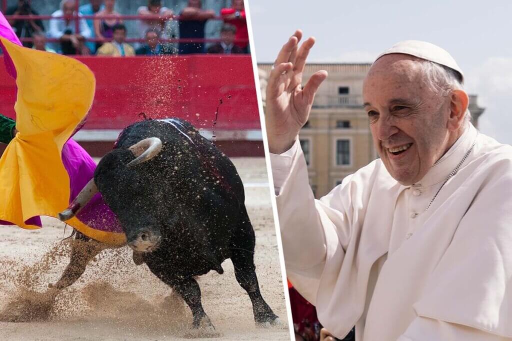 Collage. Links: Ein Stier kaempft gegen einen Matador. Rechts: Papst Franziskus winkt.