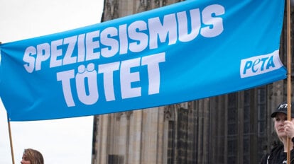 PETA Aktie demonstrieren mit einem grossen blauen Banner, mit dem Titel: Speziesismus toetet.