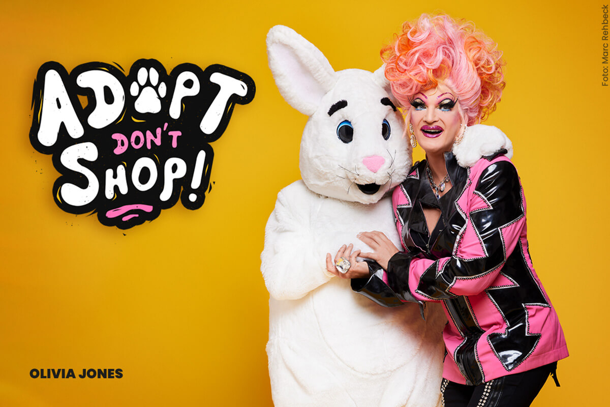 Olivia Jones setzt mit PETA-Motiv „Adopt, don‘t shop!“ ein Zeichen für die Adoption