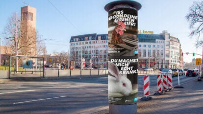 An einer Straße steht im Vordergrund eine Plakatsäule mit Peta-Plakaten.