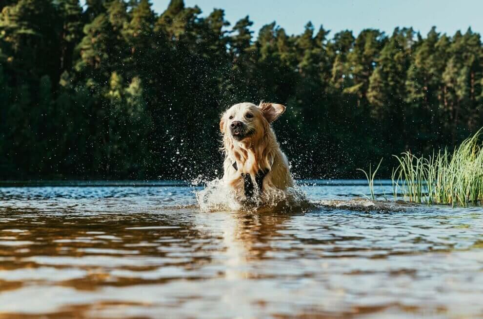 Ein heller Hund huepft durch einen Teich.