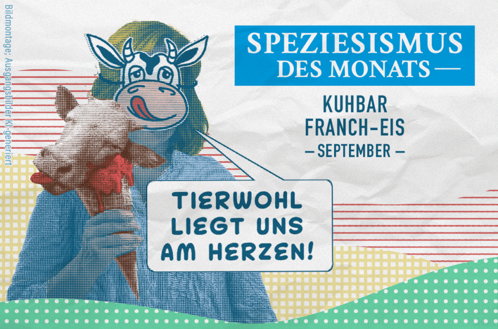 Speziesismus des Monats September - Die Gründerin der „Kuhbar“-Eismanufaktur trägt das Logo der Firma und schleckt einen abgetrennten Kopf einer Kuh auf einer Waffel.