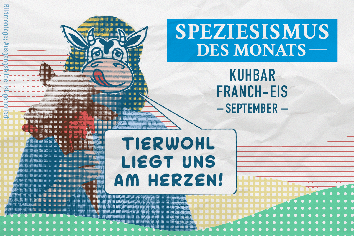 Speziesismus des Monats September - Die Gründerin der „Kuhbar“-Eismanufaktur trägt das Logo der Firma und schleckt einen abgetrennten Kopf einer Kuh auf einer Waffel.